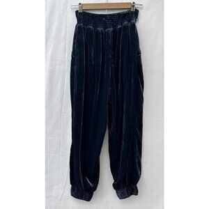 Anthropologie Womens S Velvet Smocked Waist Pants Navy Blue Loose Fit